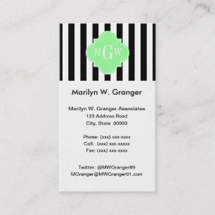 Black WhStripe Mint Green Quatrefoil 3 Monogram Visitekaartje