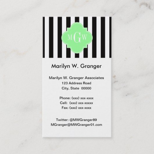 Black WhStripe Mint Green Quatrefoil 3 Monogram Visitekaartje (Voorkant)
