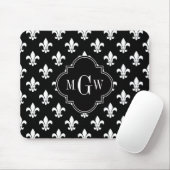 Black Wht Fleur de Lis Black 3 Initiaal monogram Muismat (Met muis)