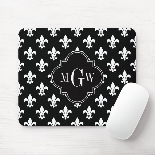 Black Wht Fleur de Lis Black 3 Initiaal monogram Muismat (Met muis)