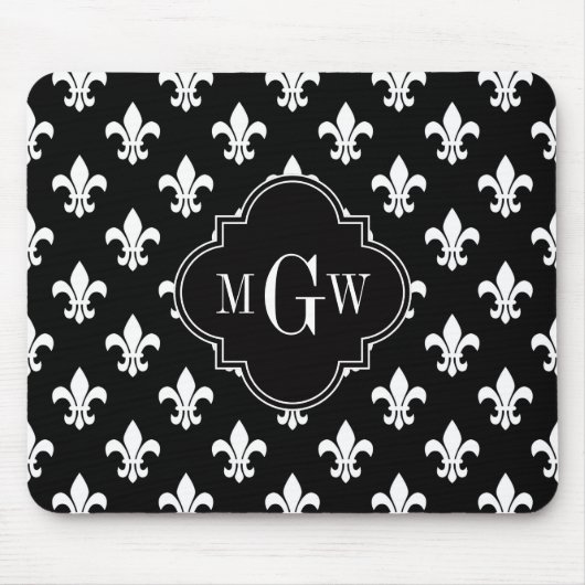 Black Wht Fleur de Lis Black 3 Initiaal monogram Muismat (Voorkant)