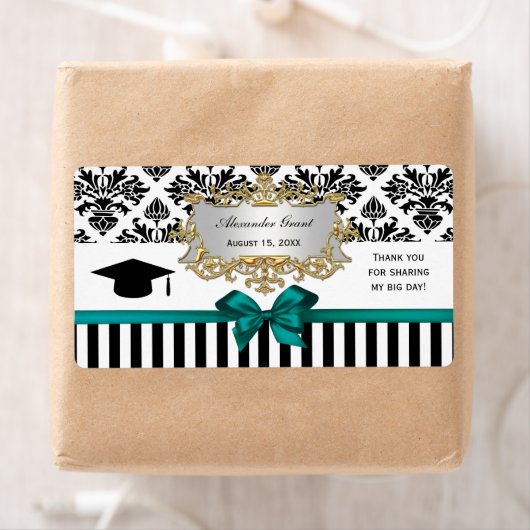 Black Wht Stripe Damask Blauwgroen Afstudeerder wa Etiket (Insitu)