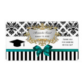 Black Wht Stripe Damask Blauwgroen Afstudeerder wa Etiket (Voorkant)
