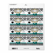 Black Wht Stripe Damask Blauwgroen Afstudeerder wa Etiket (Full Sheet)
