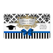 Black Wht Stripe Damask Blue Water Label Afstudeer (Voorkant)