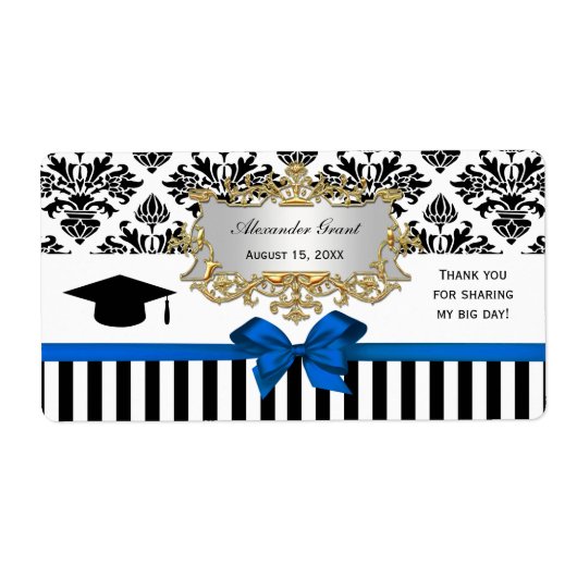 Black Wht Stripe Damask Blue Water Label Afstudeer (Voorkant)