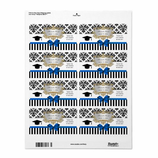 Black Wht Stripe Damask Blue Water Label Afstudeer (Full Sheet)