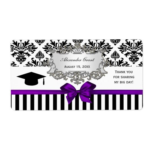 Black Wht Stripe Damask Paars Water Label Afstudee (Voorkant)