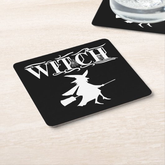 Black Wicked Flying Witch tijdens Halloween Kartonnen Onderzetters (Schuin)