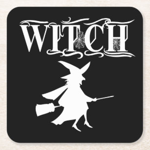 Black Wicked Flying Witch tijdens Halloween Kartonnen Onderzetters