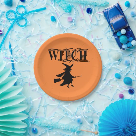 Black Wicked Flying Witch tijdens Halloween Papieren Bordje (Feest)