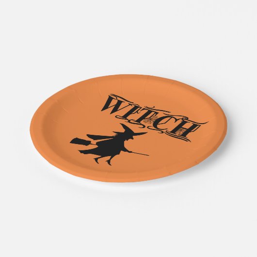 Black Wicked Flying Witch tijdens Halloween Papieren Bordje (Gekanteld)