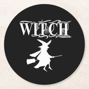 Black Wicked Flying Witch tijdens Halloween Ronde Kartonnen Onderzetter