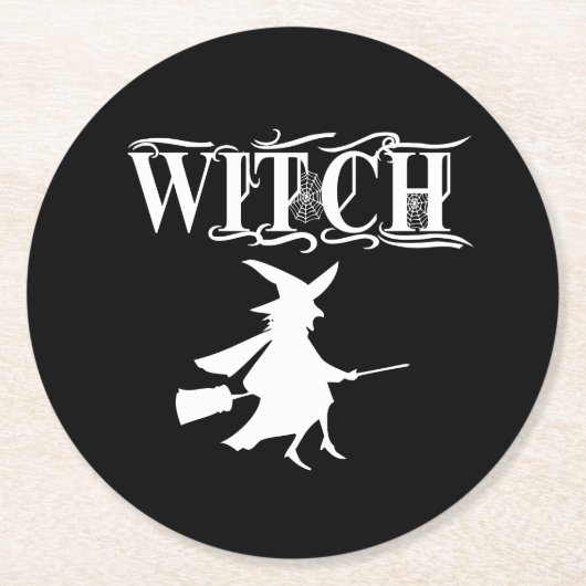Black Wicked Flying Witch tijdens Halloween Ronde Kartonnen Onderzetter (Voorkant)