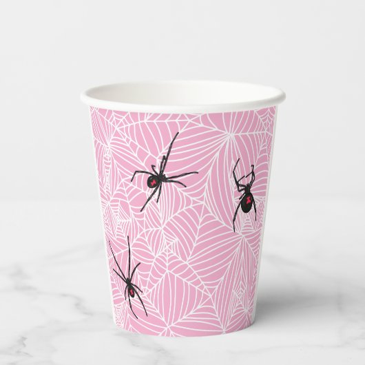 Black Widow Spider Webs Pastel Pink Papieren Bekers (Achterkant)