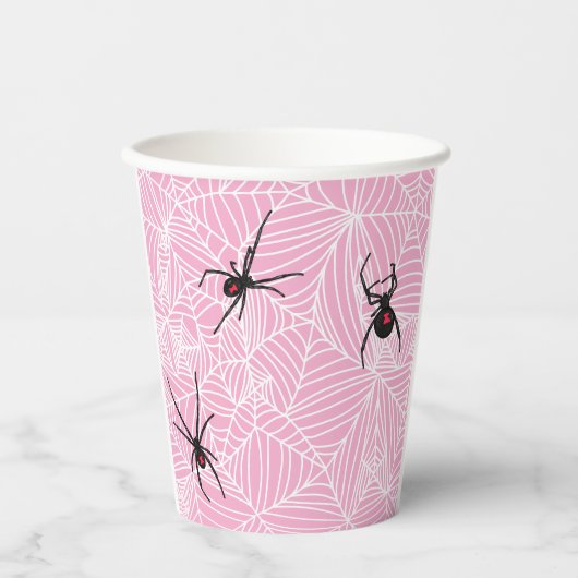 Black Widow Spider Webs Pastel Pink Papieren Bekers (Voorkant)
