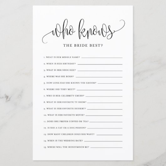 Black Wie kent de bruid het beste Bruidsfeest spel (Voorkant)