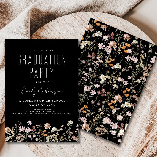 Black Wildflower Bloom Afstudeerfeest Boho Kaart