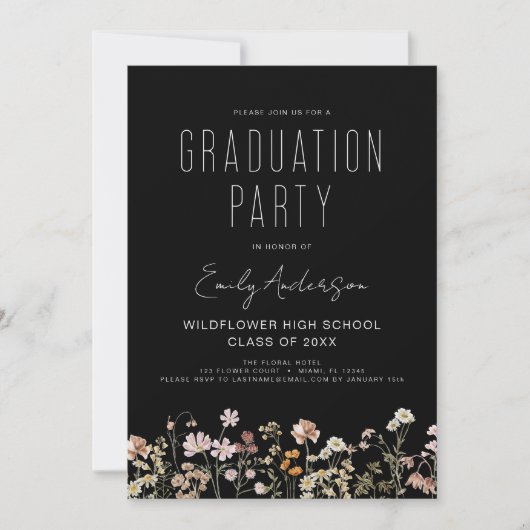 Black Wildflower Bloom Afstudeerfeest Boho Kaart (Voorkant)