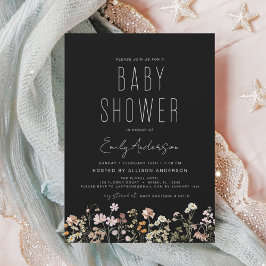 Black Wildflower Boho Baby shower Elegant Modern Kaart