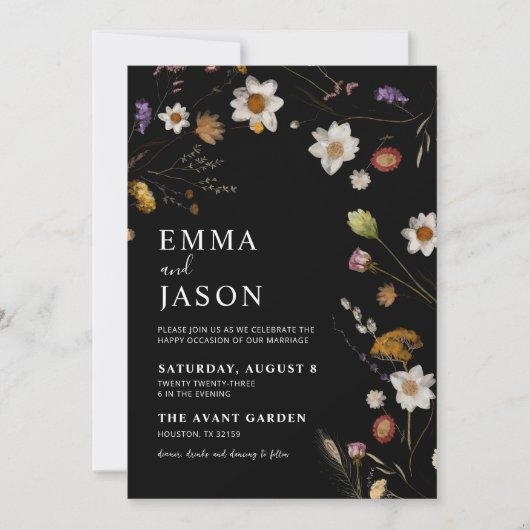 Black Wildflower Boho bruiloft uitnodiging (Voorkant)