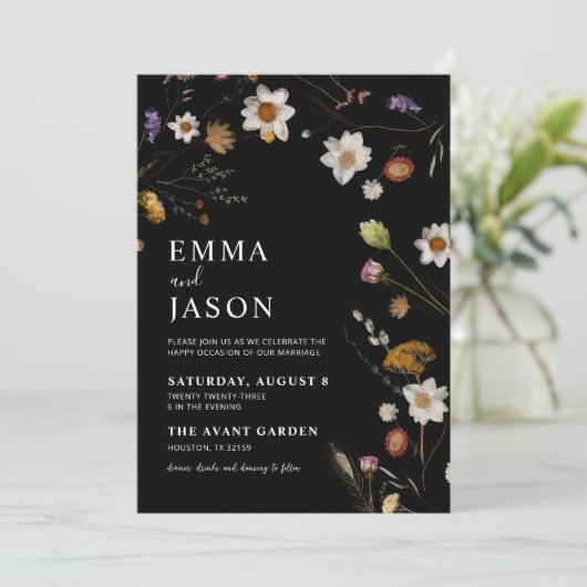 Black Wildflower Boho bruiloft uitnodiging (Staand voorkant)