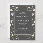 Black Wildflower Elegante Huwelijksuitnodiging Kaart (Voorkant)