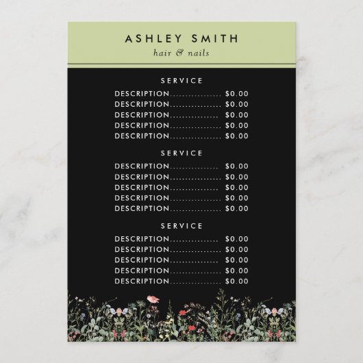 Black Wildflower Meadow Prijs Menu (Voorkant)