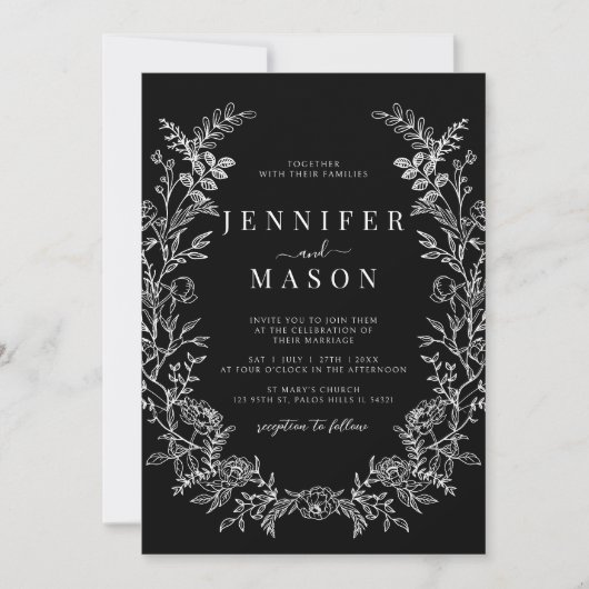 Black wildflower wreath rustic floral wedding kaart (Voorkant)