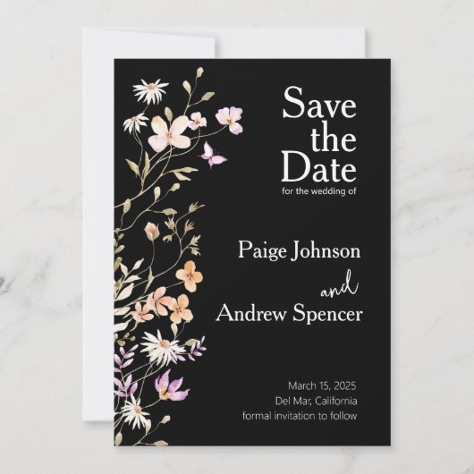Black Wildflowers Wedding Bewaar de datum Kaart (Voorkant)