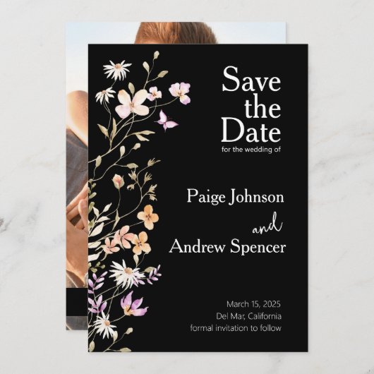 Black Wildflowers Wedding Bewaar de datum Kaart (Voorkant / Achterkant)