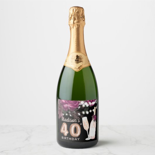 Black Wine Luxury 40th Birthday - persoonlijk Sparkling Wijnetiket (Voorkant)