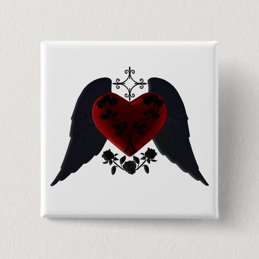 Black Winged Gothic Heart Button (Voorkant)
