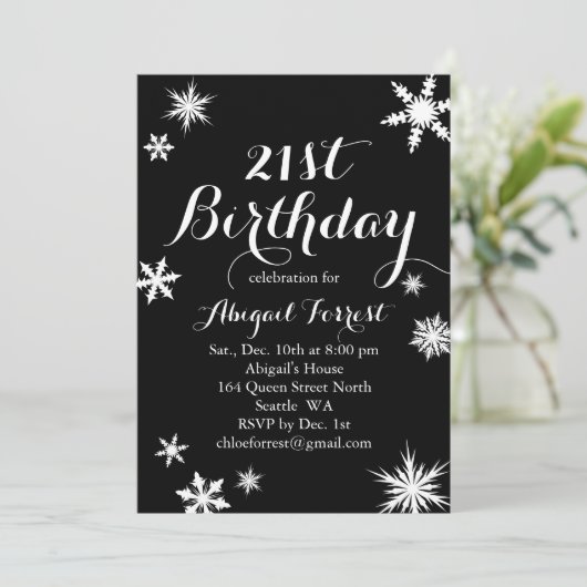 Black Winter 21st Birthday Invitation Kaart (Staand voorkant)