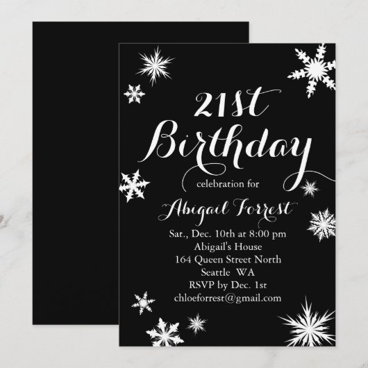Black Winter 21st Birthday Invitation Kaart (Voorkant / Achterkant)