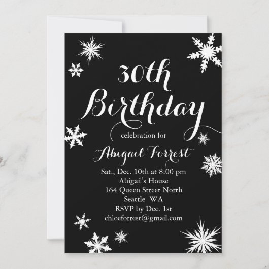 Black Winter 30th Birthday Invitation Kaart (Voorkant)