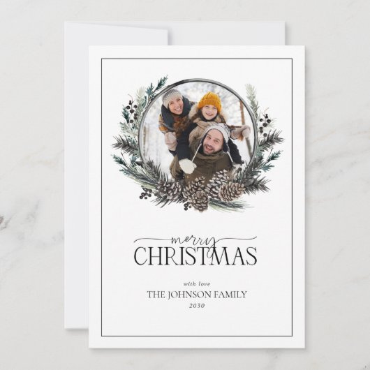 Black Winter Berry Wreath Merry kerstfoto Ho Feestdagenkaart (Voorkant)