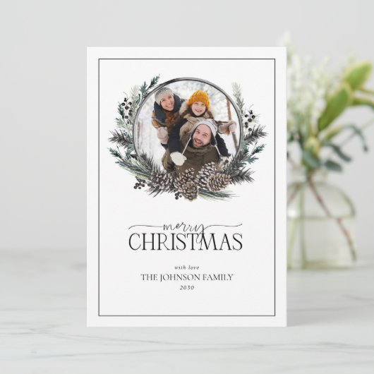 Black Winter Berry Wreath Merry kerstfoto Ho Feestdagenkaart (Staand voorkant)