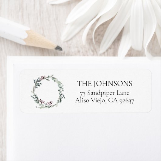 Black Winter Botanical Wreatreturn Address Label (Insitu)