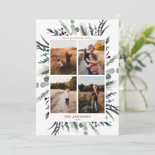 Black Winter Botanicals 4 Photo Holiday Kaart (Staand voorkant)