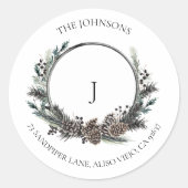 Black Winter Pinecone Berry Wreath Monogram Classi Ronde Sticker (Voorkant)