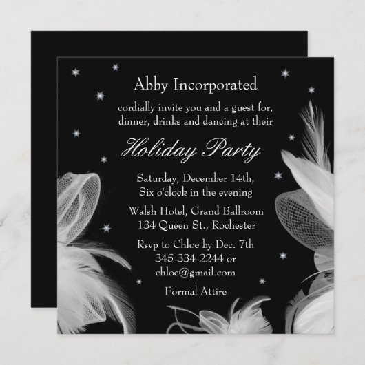 Black Winter White Feathers Holiday Invitation Kaart (Voorkant / Achterkant)