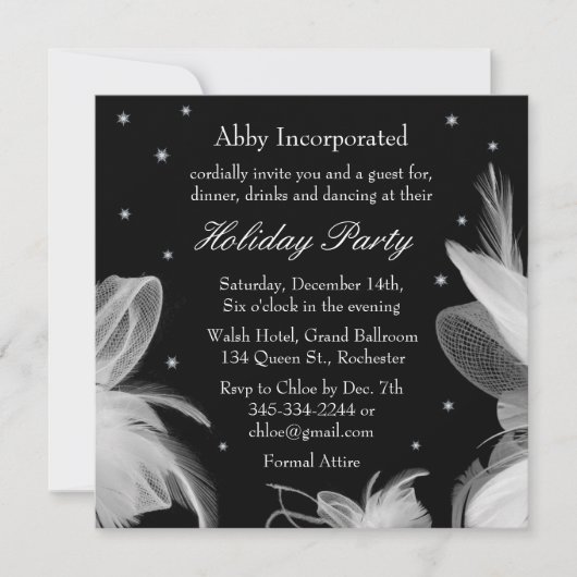 Black Winter White Feathers Holiday Invitation Kaart (Voorkant)