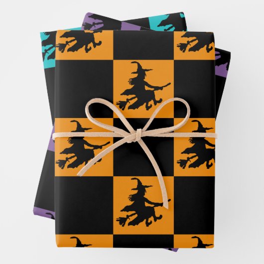 Black Witches on Orange, Purple & Teal Checkered Inpakpapier Vel (In situ)