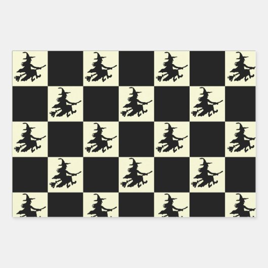 Black Witches on White, Yellow & Orange Checkered Inpakpapier Vel (Voorkant 2)