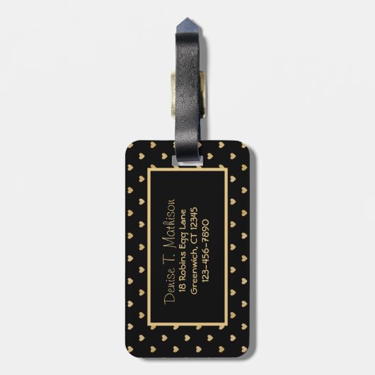 Black with Gold Hearts Pattern - Monogramed Bagagelabel (Achterkant verticaal)