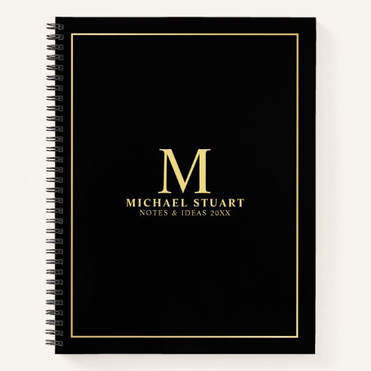 Black with Gold Personalized Monogram and Name Notitieboek (Voorkant)