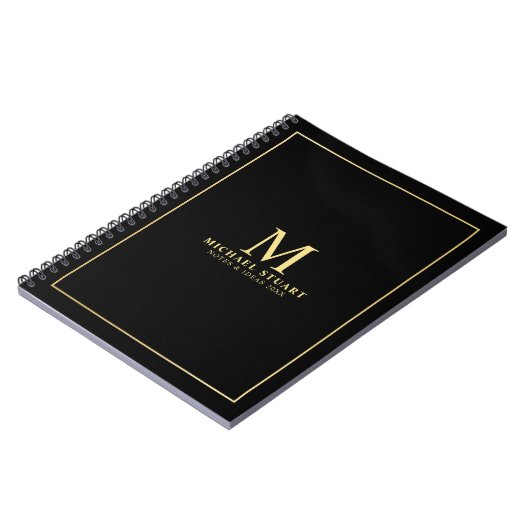 Black with Gold Personalized Monogram and Name Notitieboek (Linkerzijde)