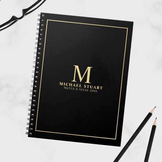 Black with Gold Personalized Monogram and Name Notitieboek