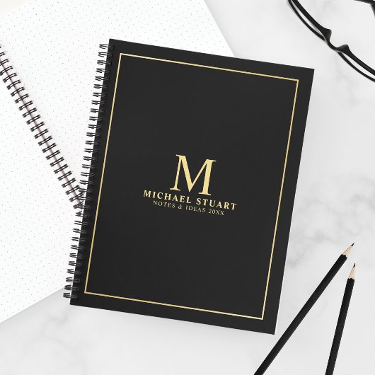 Black with Gold Personalized Monogram and Name Notitieboek